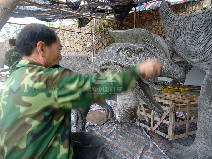 水泥雙冠龍雕塑，水泥恐龍雕塑